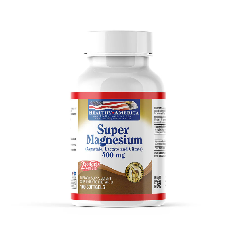 Super Magnesium Formula 400 mg (Magnesium Citrate, Aspartate, And Lactate) 100 Softgels Healthy America
